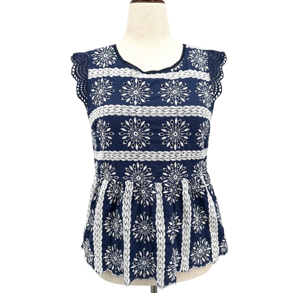 Skies Are Blue Peplum Top Embroidered Flutter Cap Sleeve Cotton Navy Blue Medium